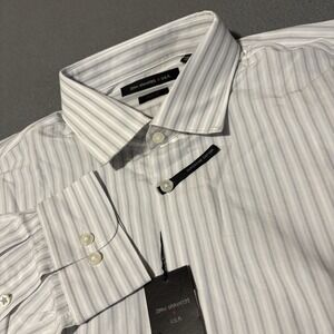 John Varvatos Dress Shirt Mens 17 34/35 White Striped Slim Fit Superfine Cotton